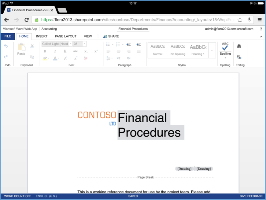 SharePoint Office 365 Edit Document on iPad