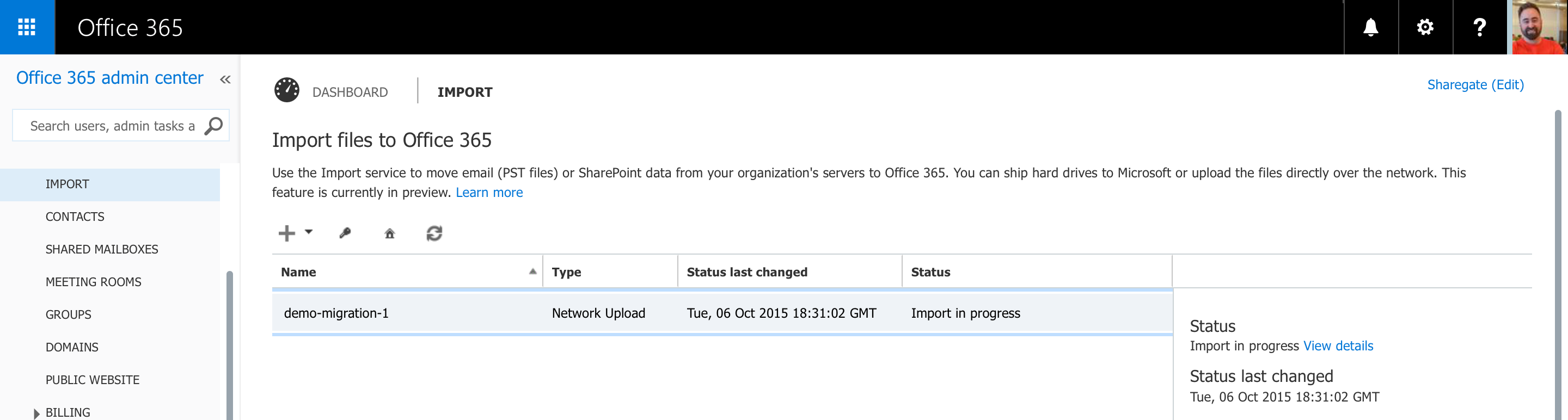 Office 365 import interface