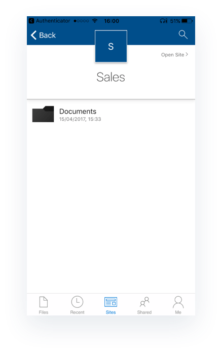 Document library view in OneDrive for Business mobile app