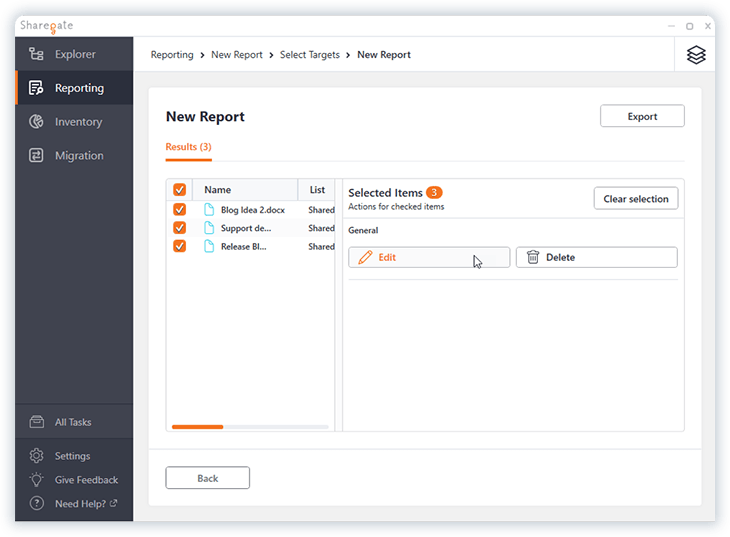 Editing fields in a new report in Sharegate