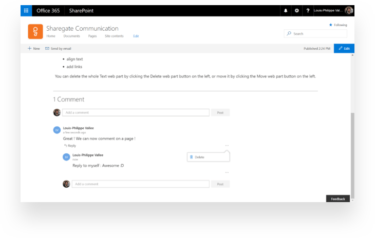 Comments integration for Communication sites in SharePoint Online