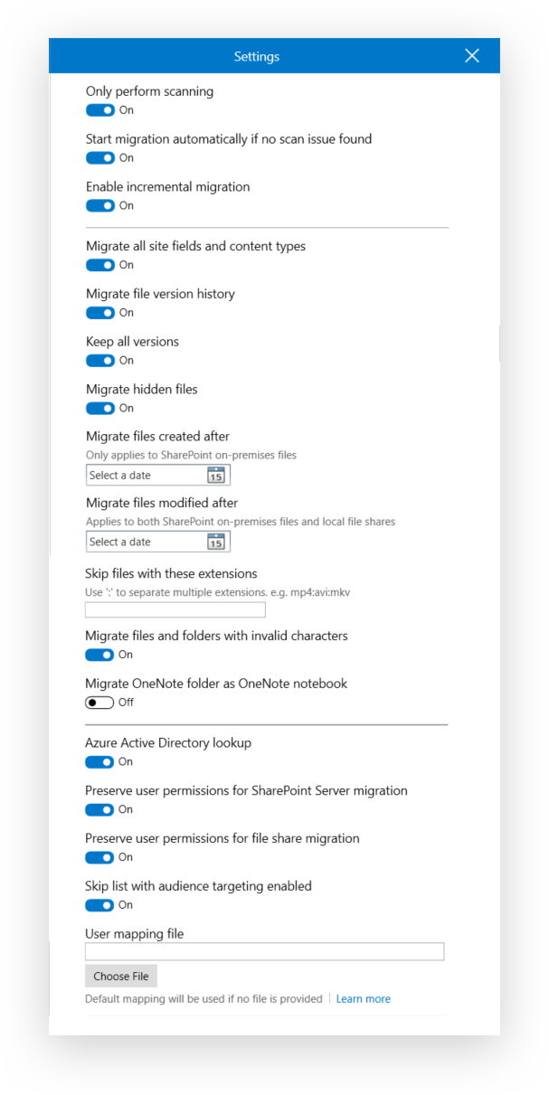 Microsoft SPMT advanced settings