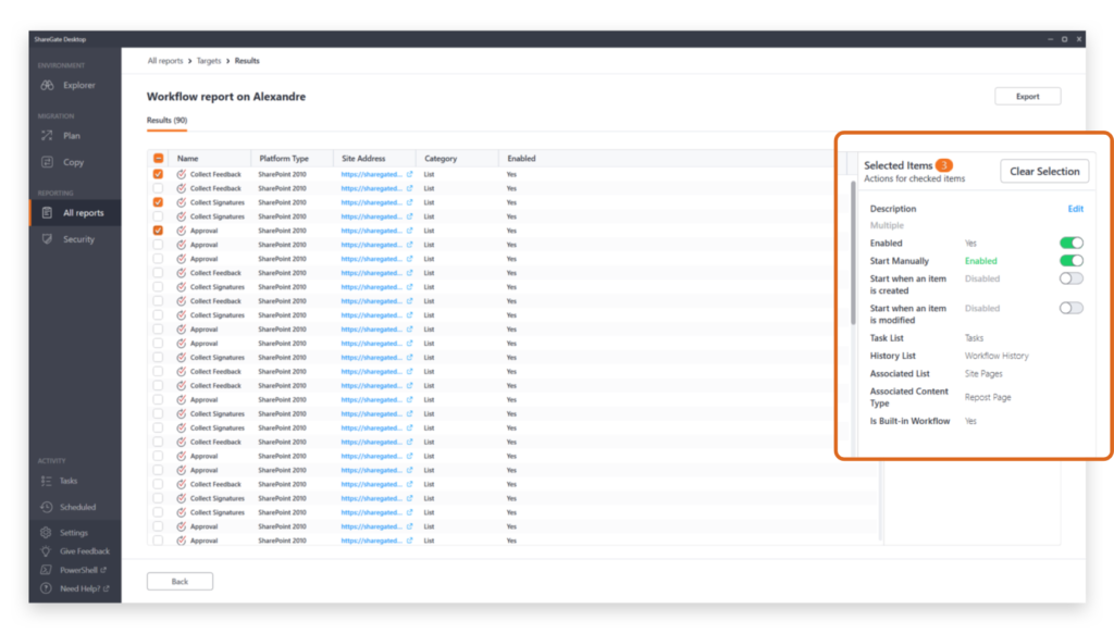 Workflow report actions in ShareGate Desktop