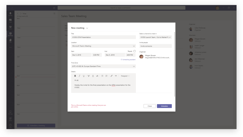 Setting up a meeting in Microsoft Teams