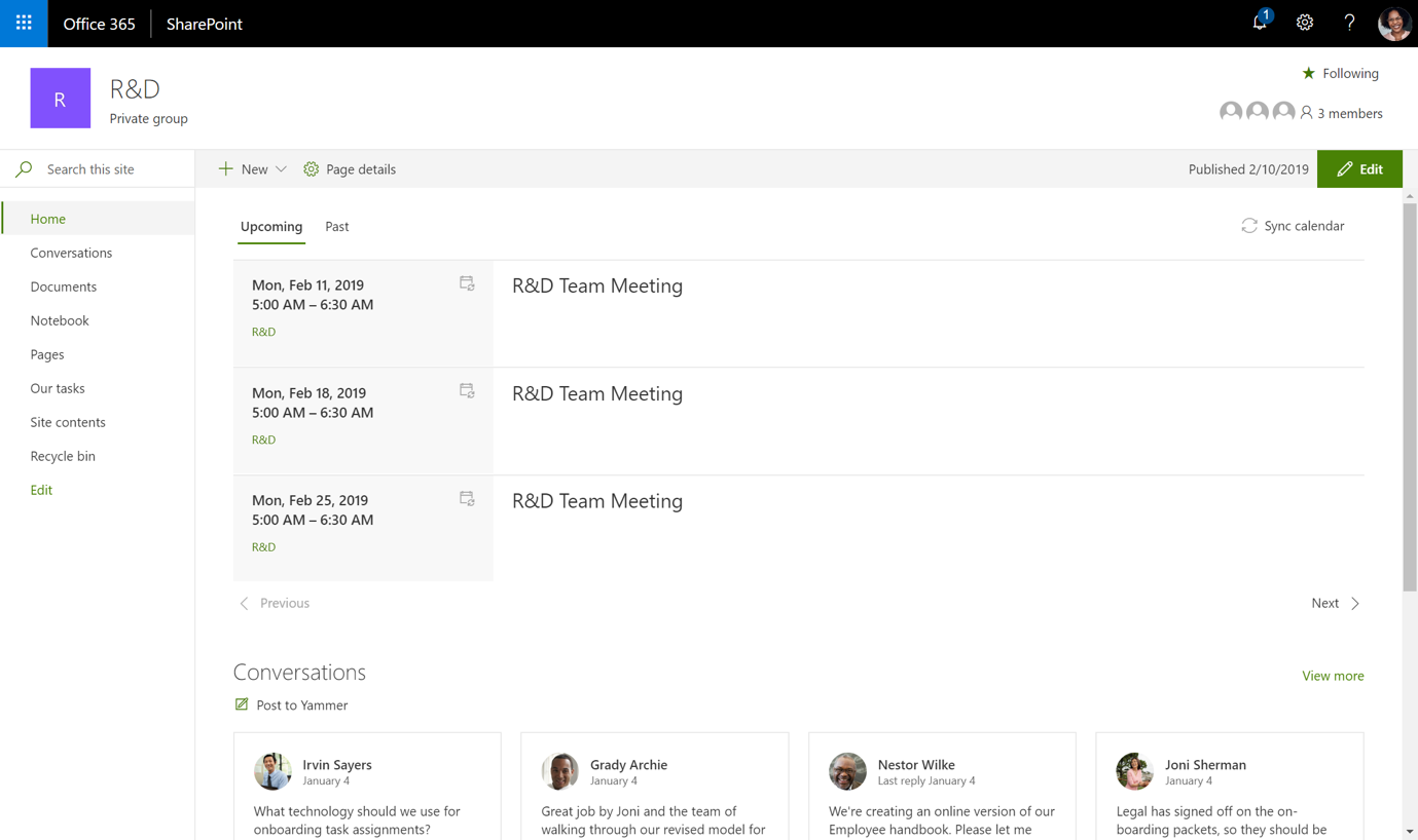 Exchange Calendar and Yammer integration in a modern SharePoint team site