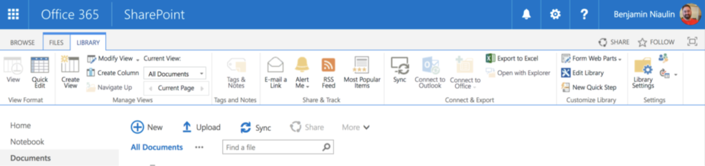 Screenshot of classic SharePoint user experience with ribbon