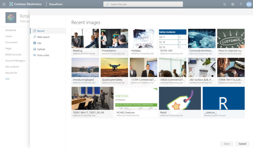 Modern SharePoint's current Recent images menu.