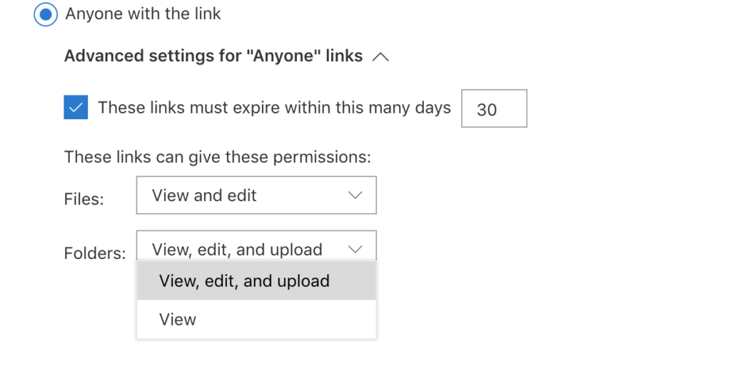 Advanced settings for "Anyone" links