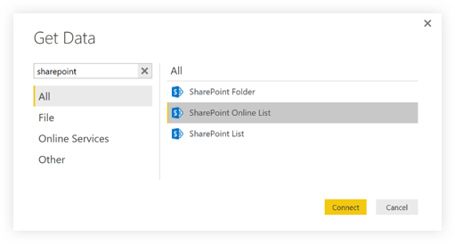 Choose from three available SharePoint data connectors.