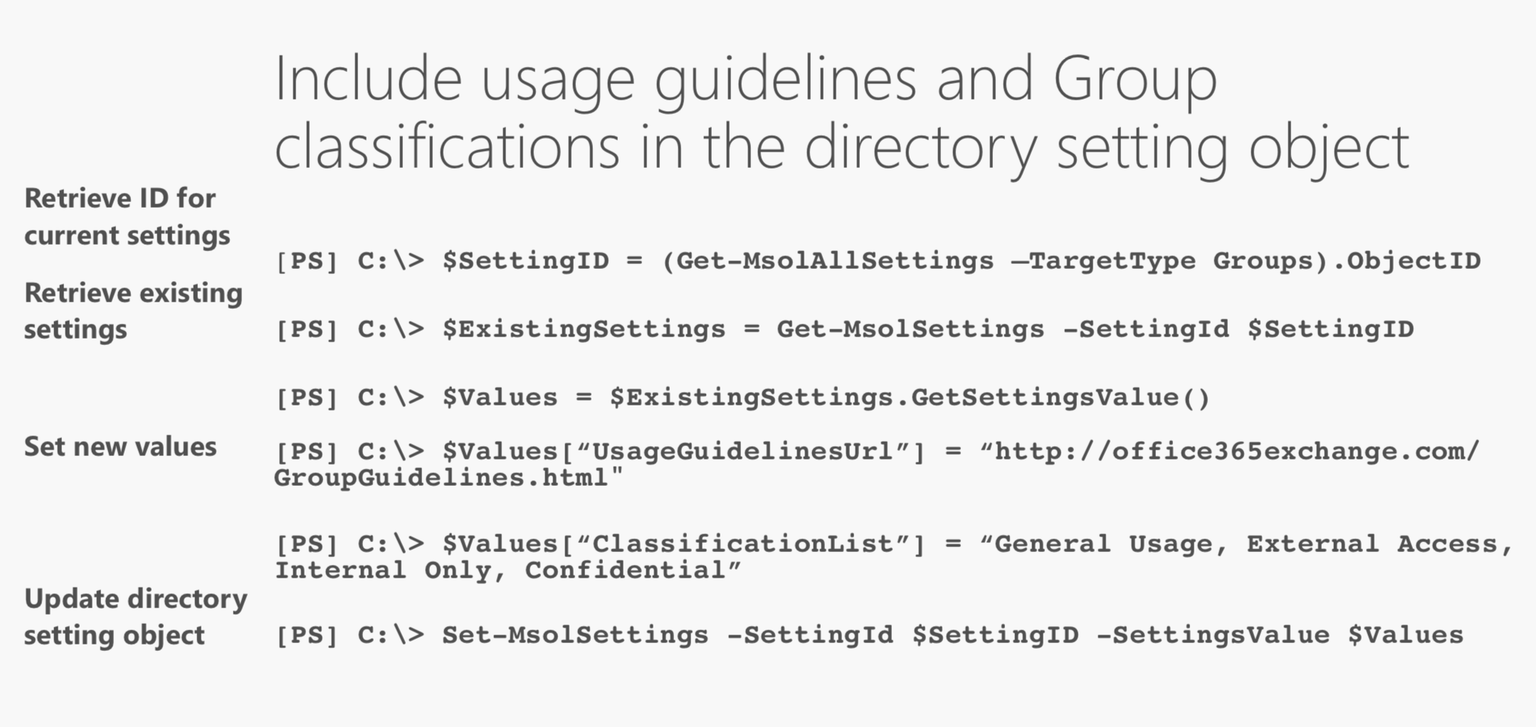 Include usage guidelines and Group classifications in the directory setting object.