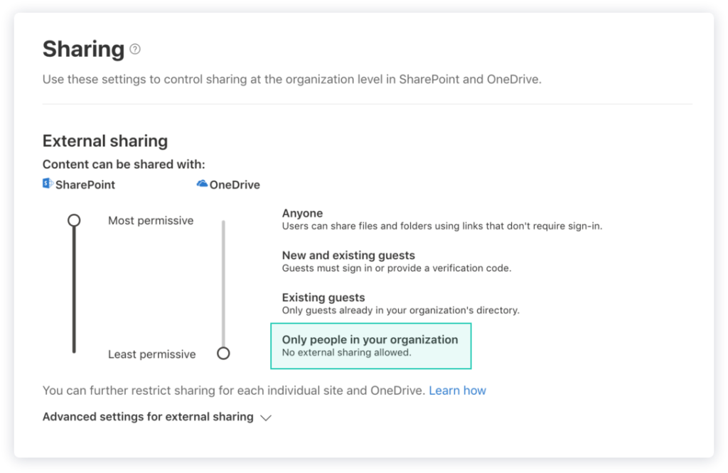 image of external sharing settings in SharePoint admin center.