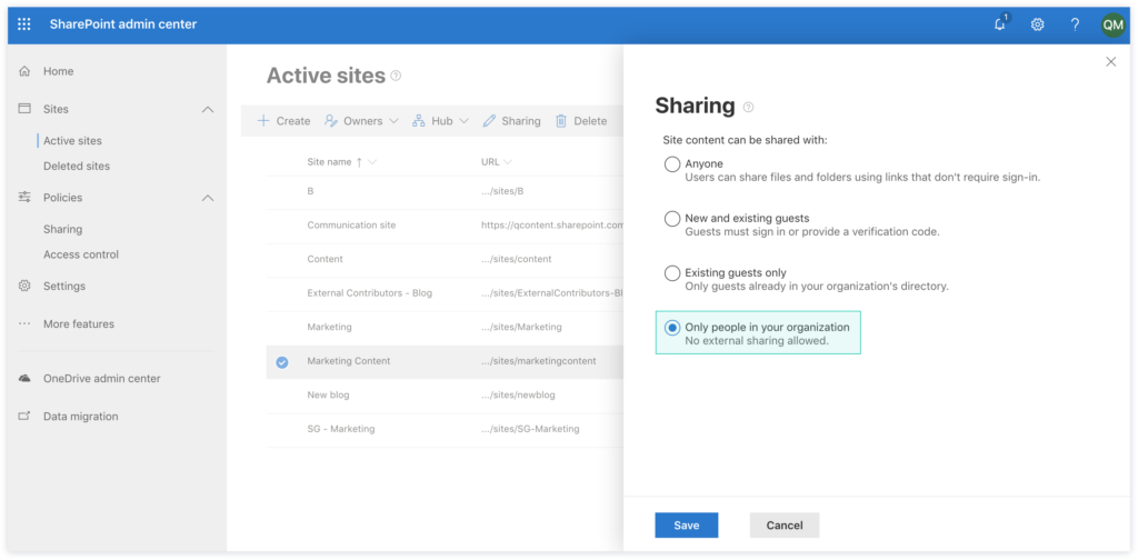 image of sharing settings at the site level.