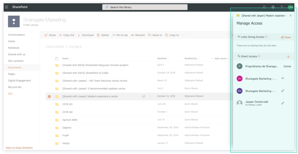 image of direct access links in manage access panel.