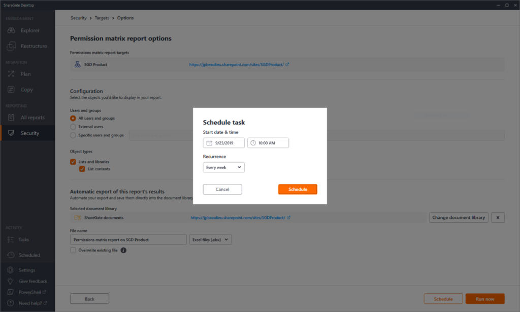 Setup auto export in ShareGate.