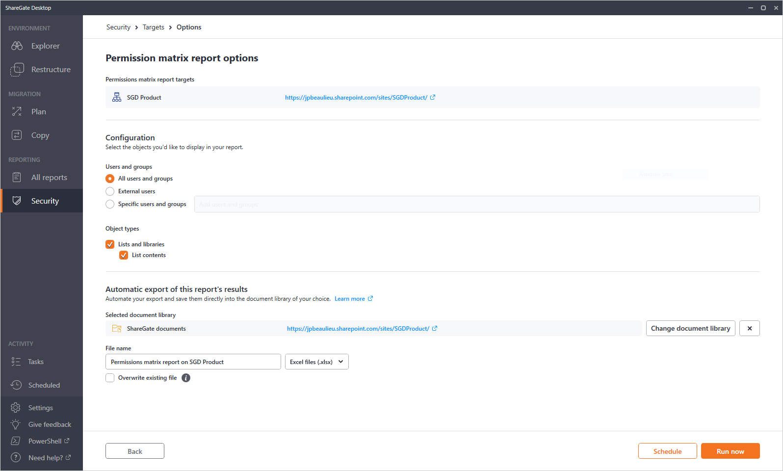 Setup auto export in ShareGate.