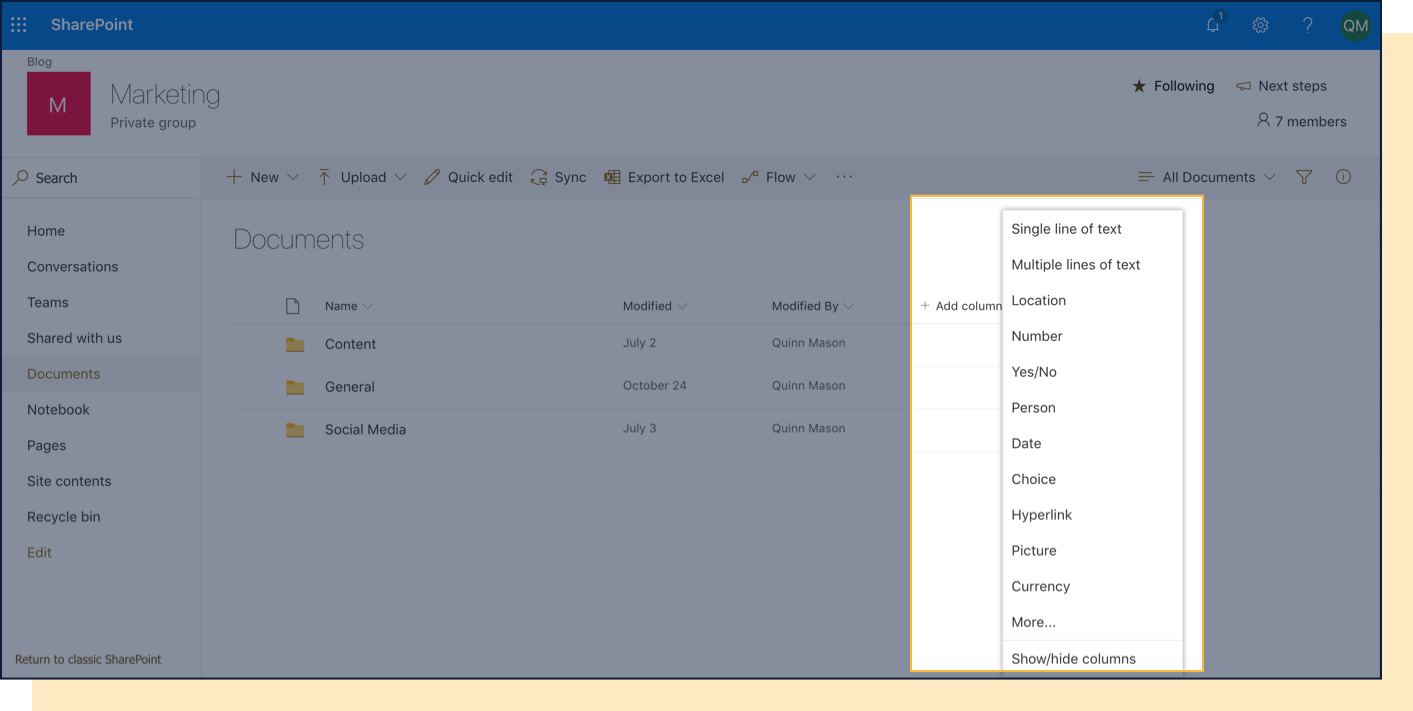 Screenshot of Add column dropdown in SharePoint.