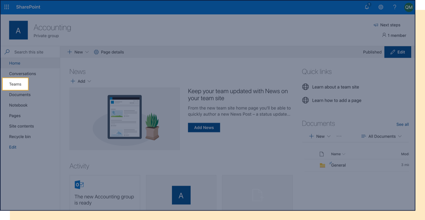 Screenshot with Teams tab in Sharepoint highlighted.