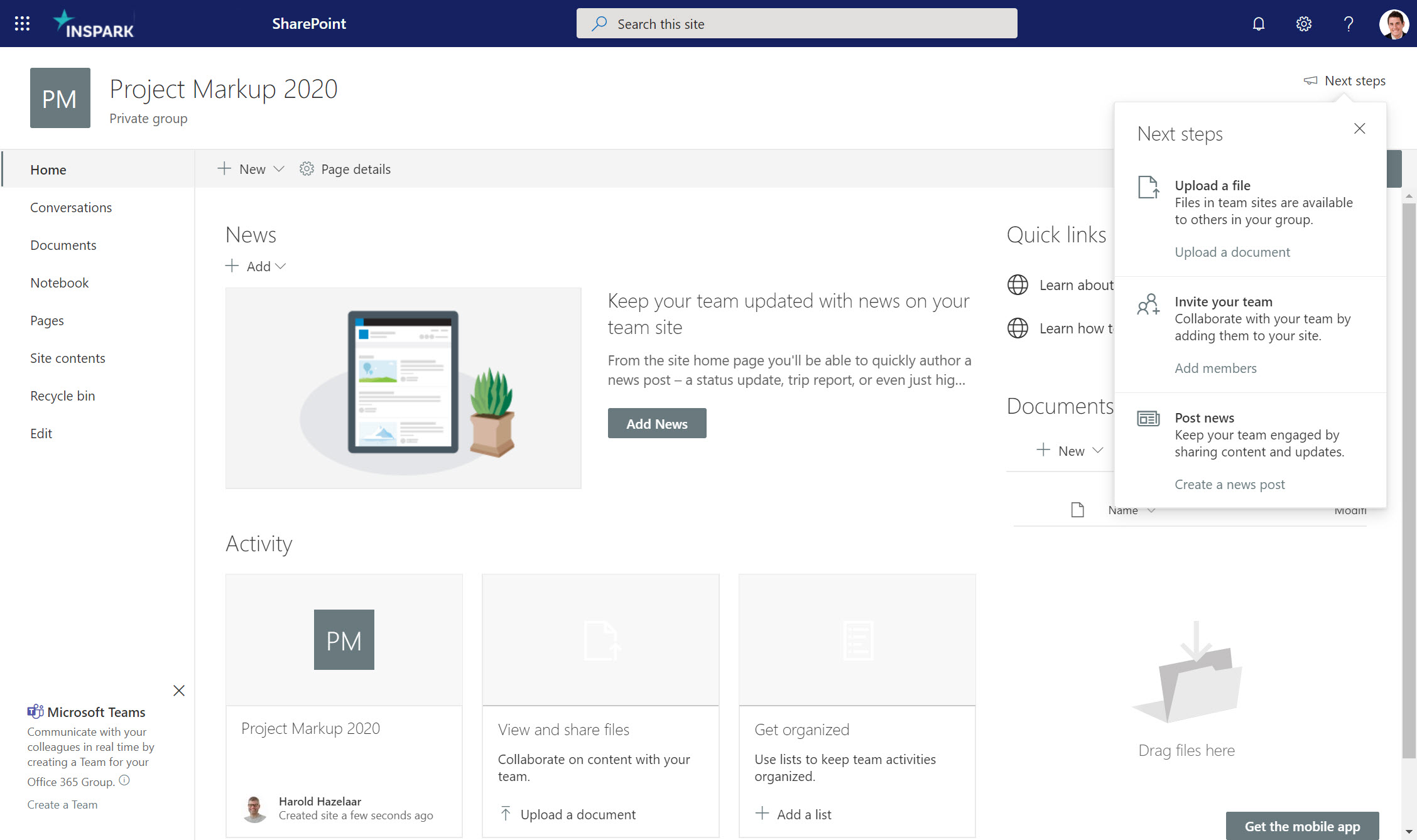Next steps panel in SharePoint team sites.