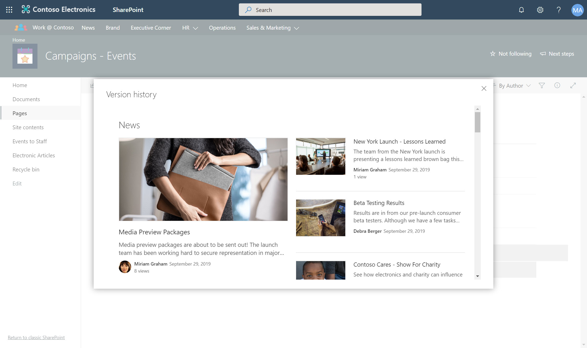 Version history pop-up window in SharePoint Online.