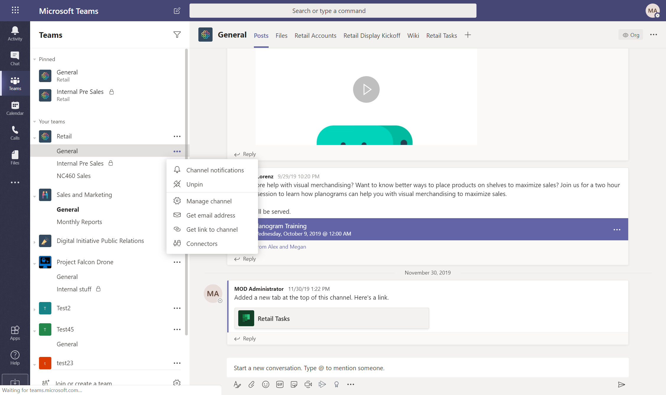 Existing email integration in Microsoft Teams.