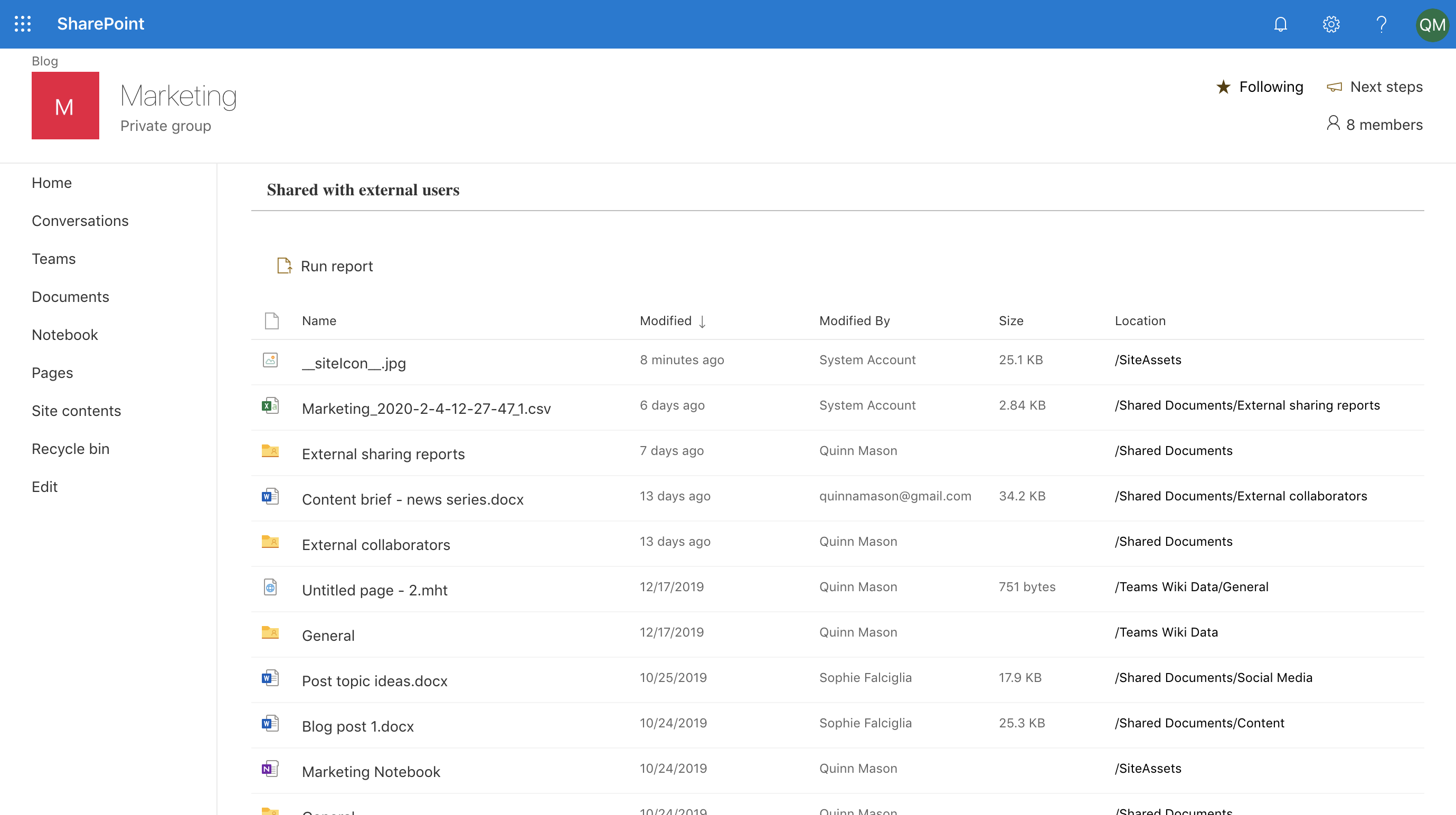 Run external sharing report for a SharePoint team site.