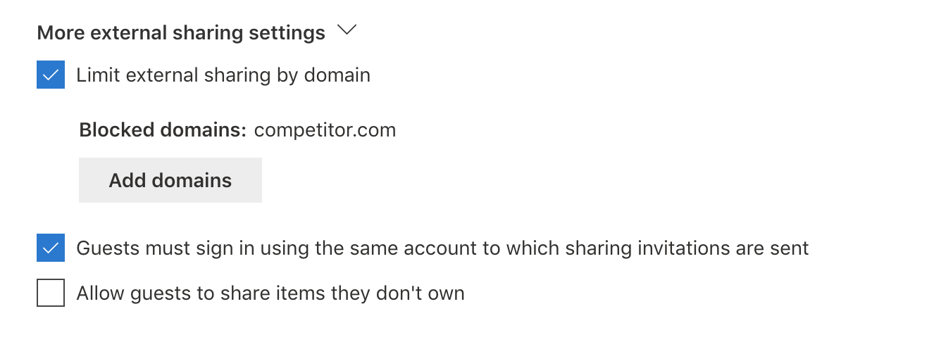 More external sharing settings at the SharePoint org-wide level.