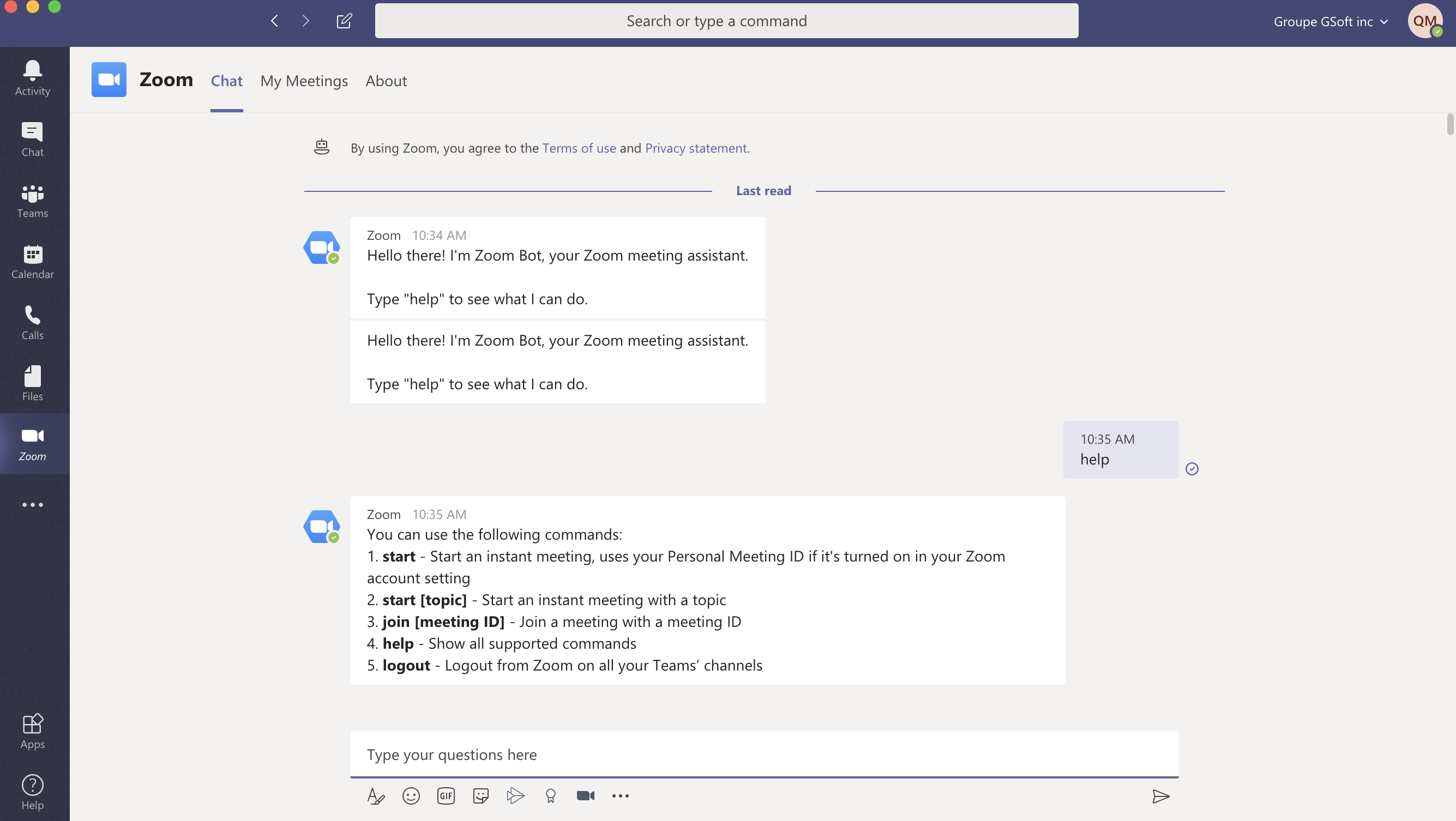 Interaction with Zoom bot in Microsoft Teams.