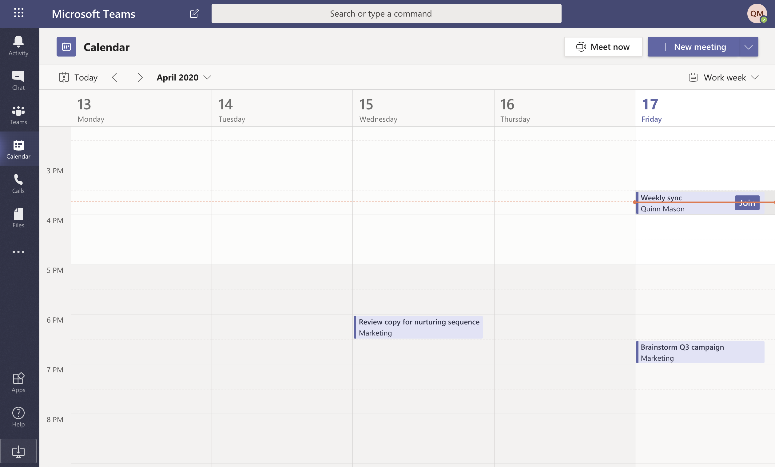 Calendar in Teams syncs with Outlook calendar.
