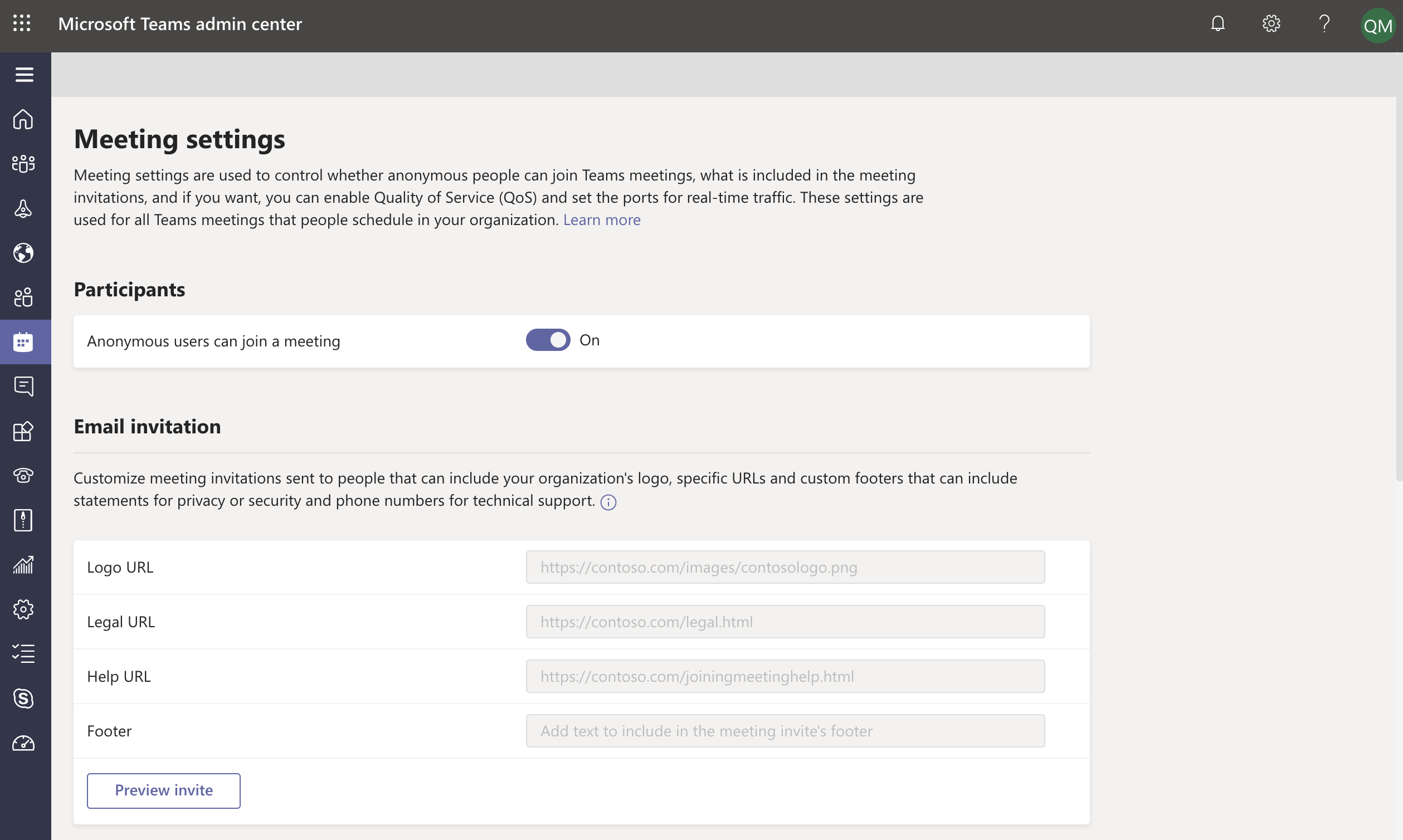 Meeting settings for Teams.