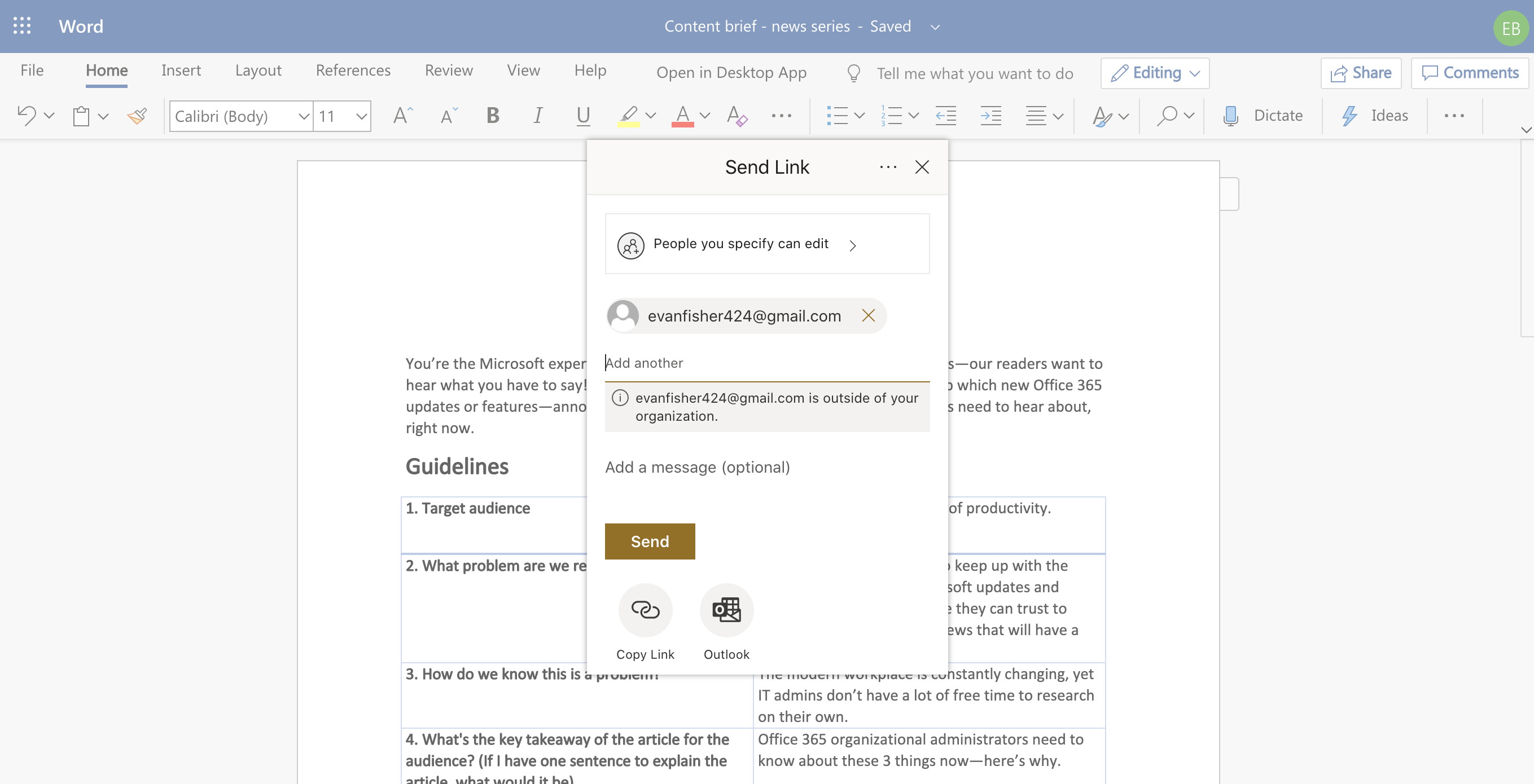 Screenshot of Send link window in Microsoft Word.