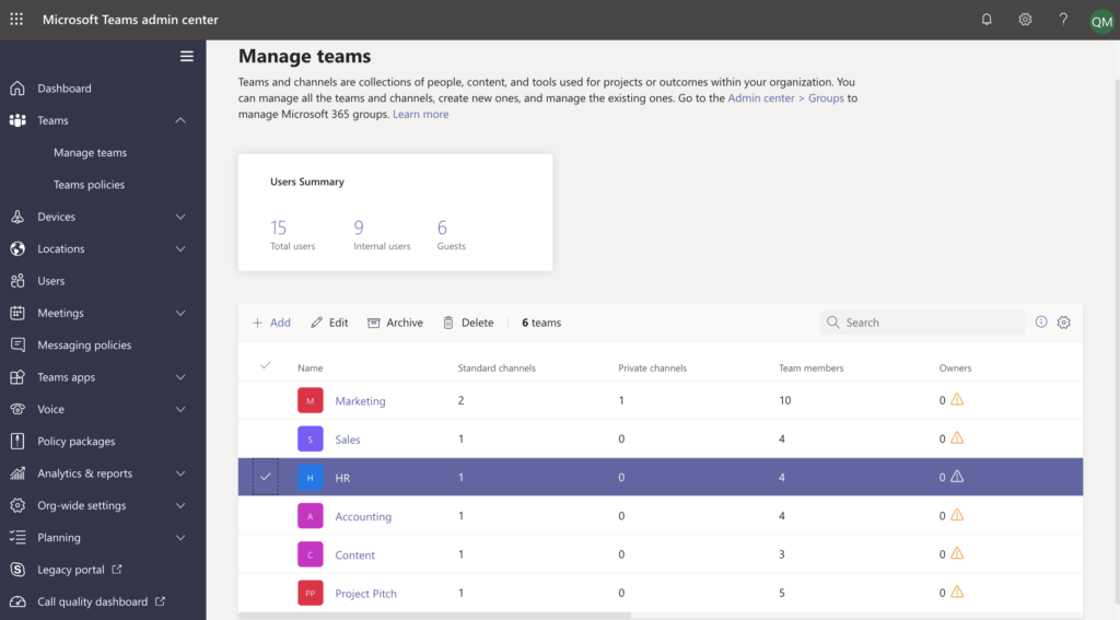 Teams in destination Teams admin center.