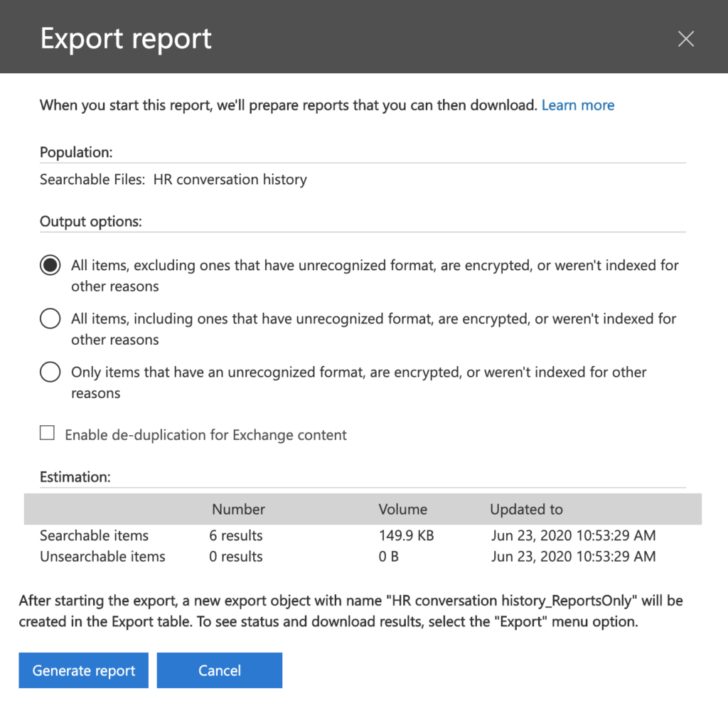 screenshot of export report screen