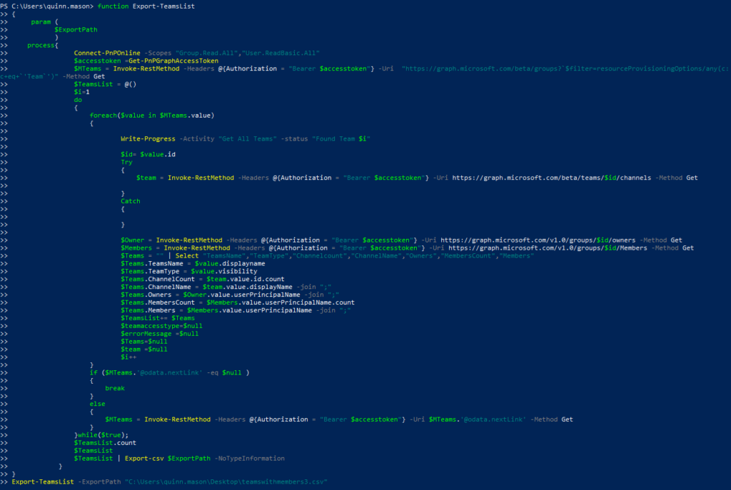 Running the modified script in PowerShell.