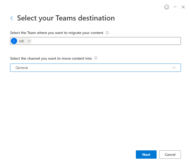 Screenshot of SPMT UI to select the team where you want to migrate your content.