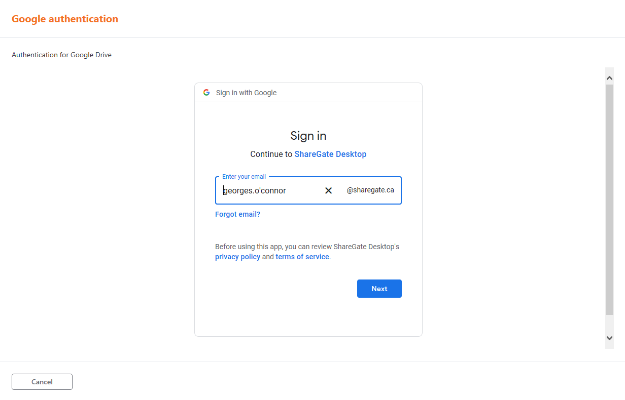 Re-enter Google email on the authentication screen.