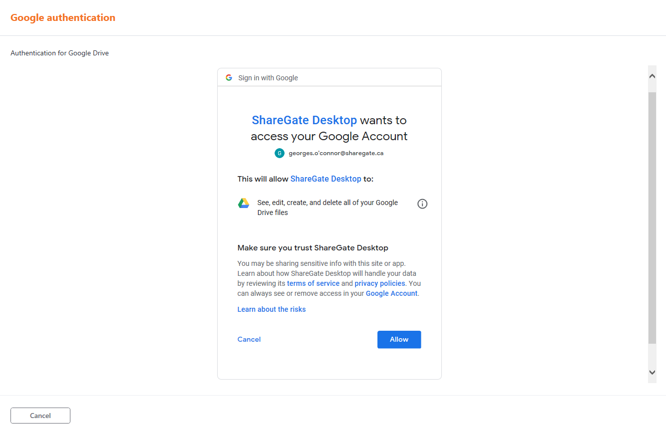 Allow ShareGate to access your Google Account.