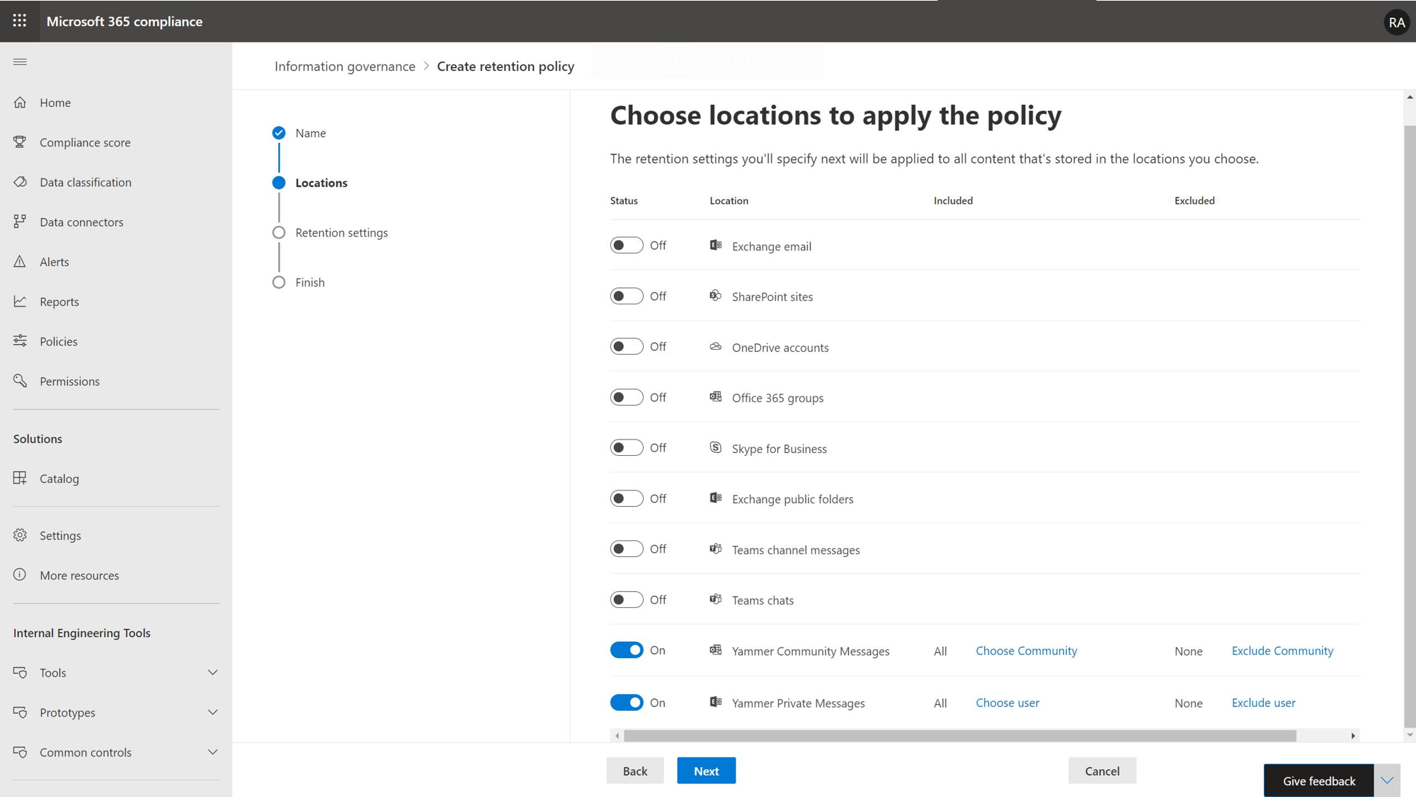 image of retention policy settings by location.