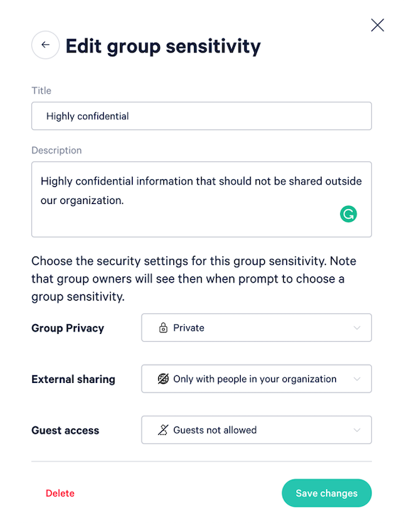 Screenshot of 'Create a group sensitivity' settings in-app.