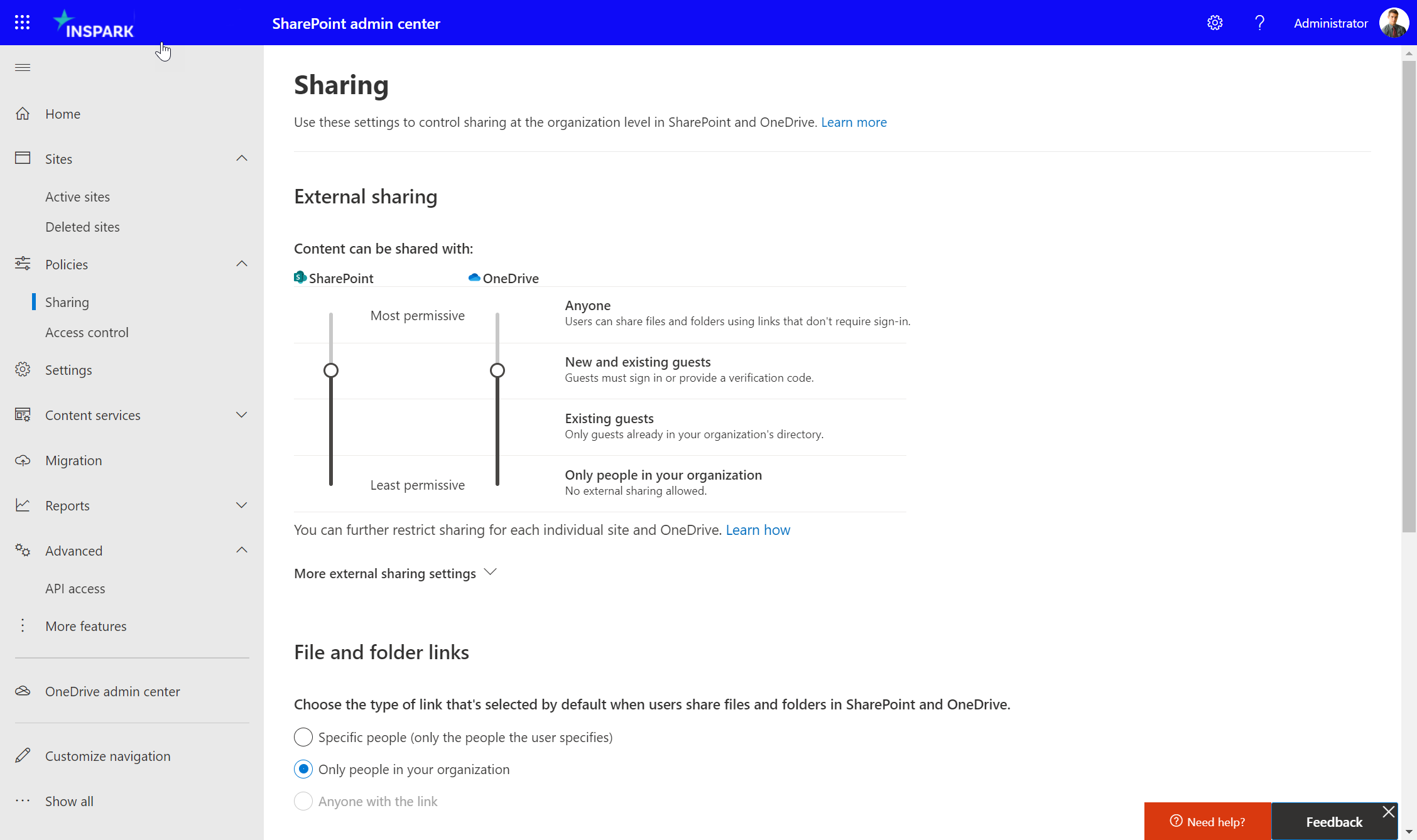 image showing external sharing settings in SharePoint admin center.