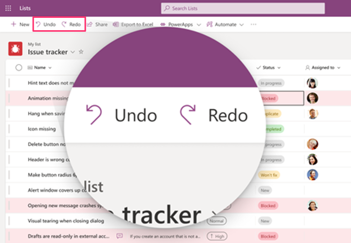 Image of Undo and Redo options in Lists.