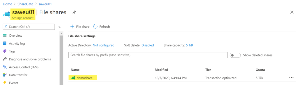 Screenshot of an Azure storage account with Azure file share
