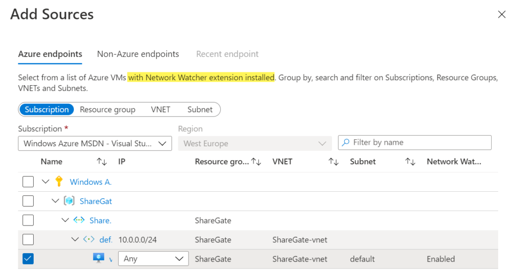 Screenshot of Azure Connection Monitor source selection