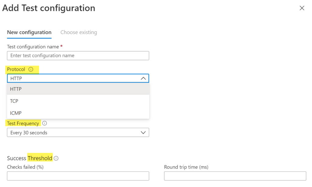 Screenshot of Azure Connection Monitor test configuration