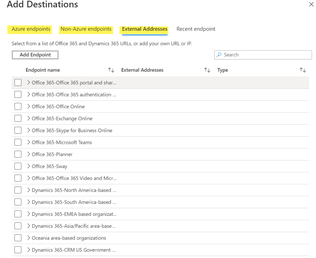 Screenshot of Azure Connection Monitor destination selection