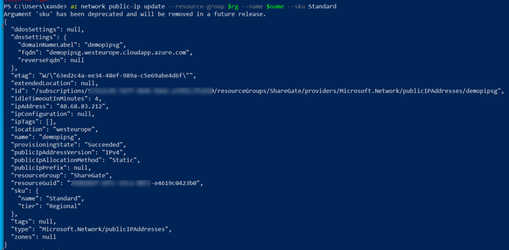 Screenshot of code in Azure CLI to migrate basic public IP address SKU to Standard