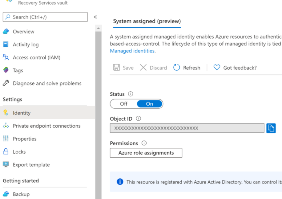 Screen shot of Azure portal showing how to use your recovery service vault
