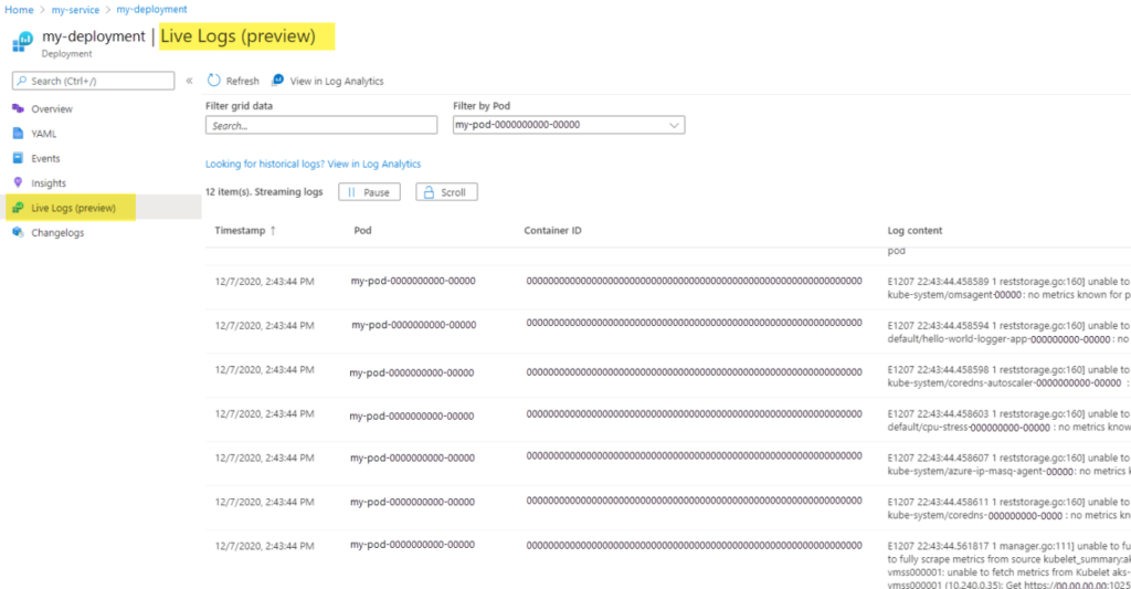 Screenshot of live logs in Azure Monitor for containers