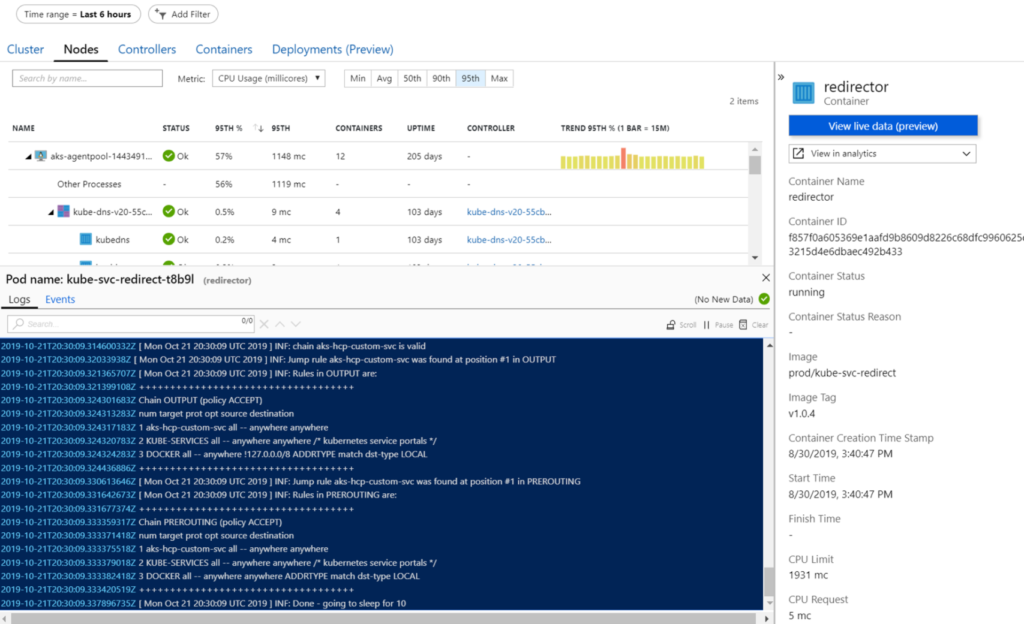 Screen shot of live logs in Azure Monitor