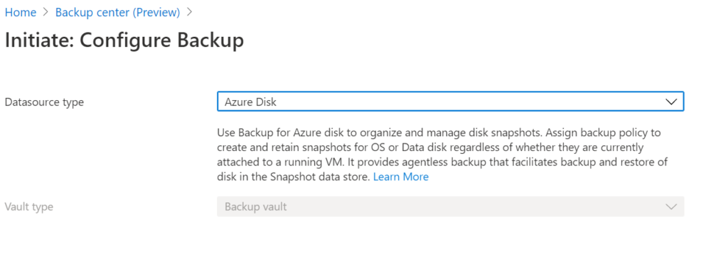 Screen shot of Azure backup for managed disks