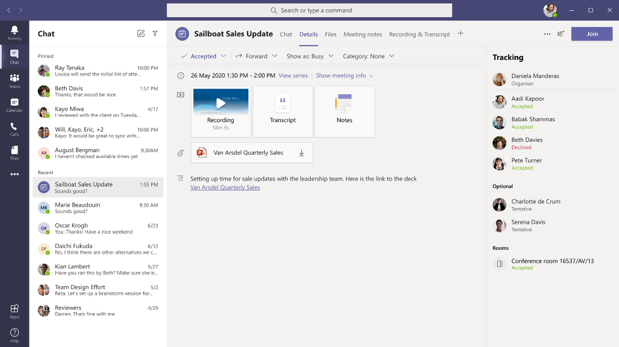 Screenshot of new meeting recap feature in Microsoft Teams.